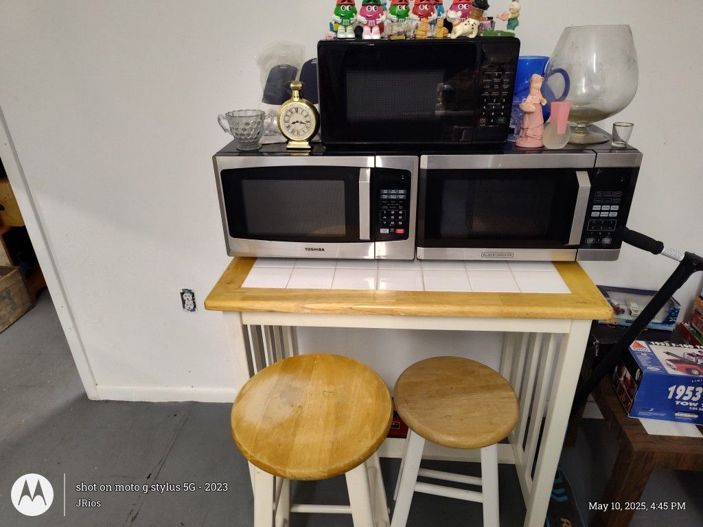 3 Microwaves With Tile Table And Benches 