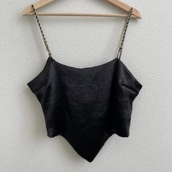 JUST POLLY Black Satin Gold Chain Spaghetti Strap Tie Back Handkerchief Tank Top