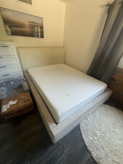 FREE White Upholstered Bed Frame & Box Spring (Stained / Needs Deep Clean)