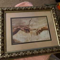 Framed W/ Glass “The Creation Of Adam “Print Painting 17 1/2” x 14”