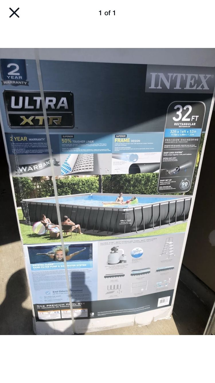 New Intex 32ft X 16ft X 52in Ultra Frame Rectangular Pool Set with Sand Filter Pump, Ladder,Ground Cloth