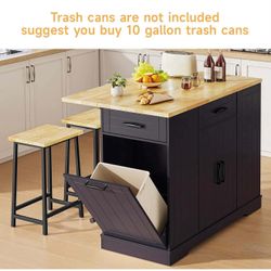 Kitchen Islands Include 2 Chairs, 47"  with Drop Leaf, with Spice Rack & Trash Cabinet, black W-15