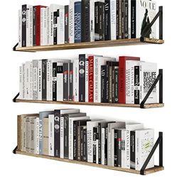Wallniture Bora 36 Inch Large Floating Shelves for Wall Storage, Floating Bookshelf Set of 3, Burned Wood Wall Shelves for Books