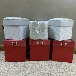Holiday Christmas Deluxe Gift Boxes Red And Silver Adorned Tufted Rhinestones From NORDSTROM 8”&7” New Never Used!