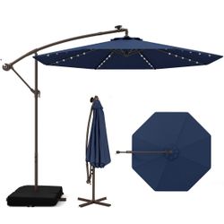 New 10FT Offset Patio Umbrella with Base Included Outdoor Cantilever Umbrella w/ Solar LED Light