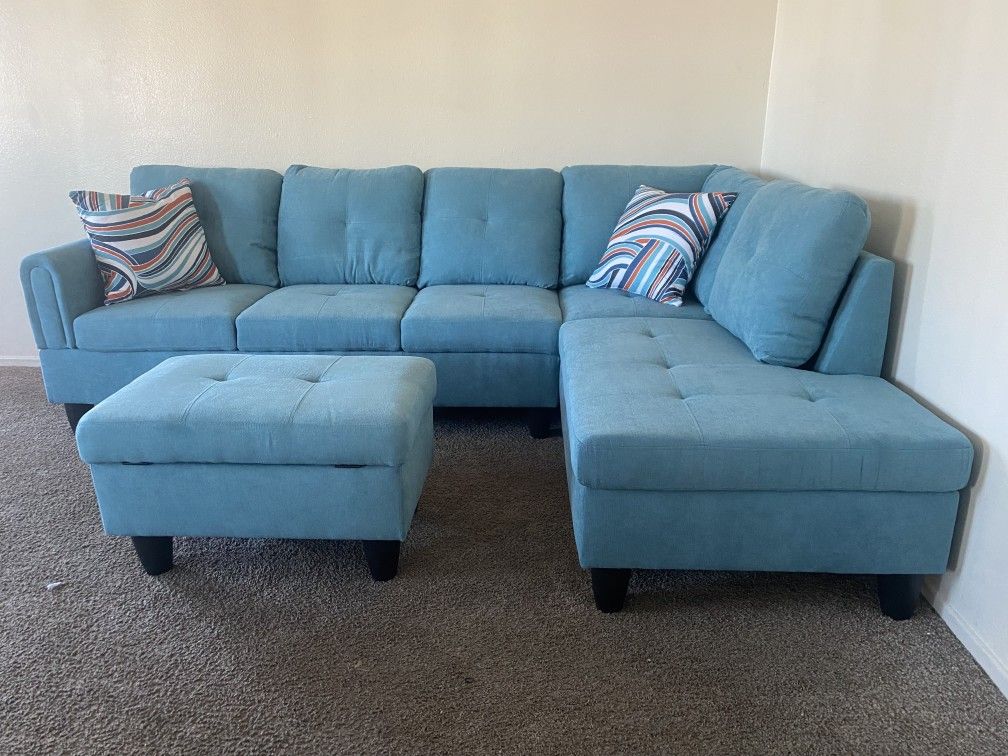 Turquoise Sectional Sofa Set w/ Ottoman (Right Chaise)