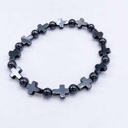 Unisex Black Onyx Rosary Bead With Crosses Stretch Bracelet