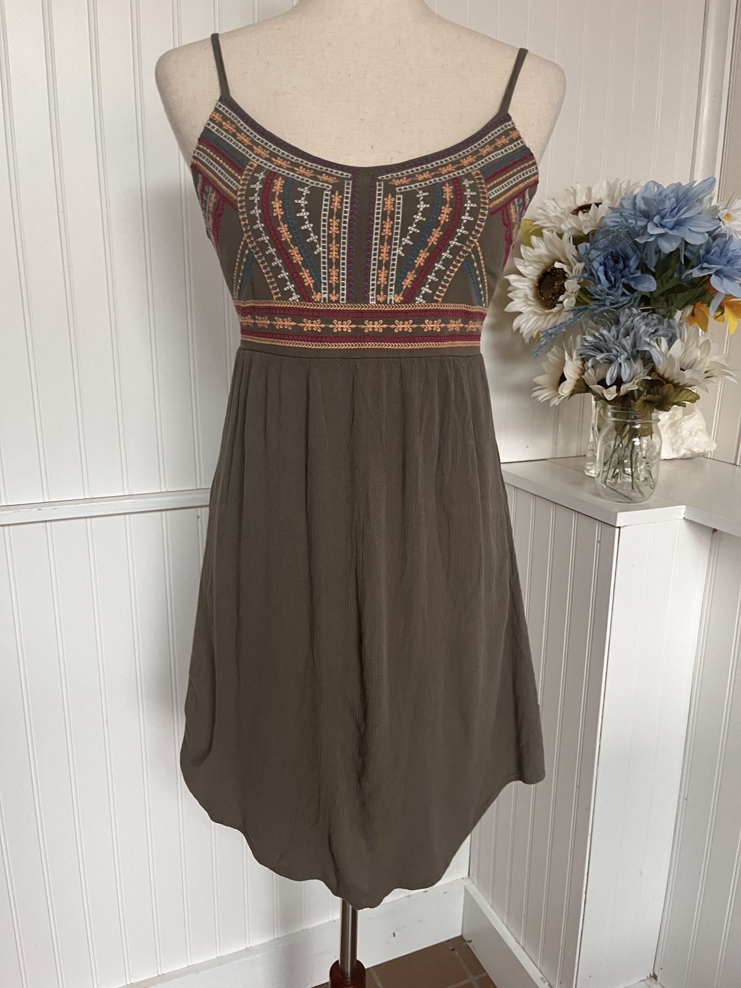 Olive Green Embroidered Summer Dress