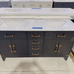 Brand New Black Oak 60" Double Vanity with Marble Top in White  $849 