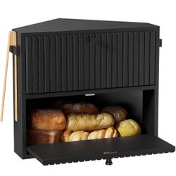 Corner Bread Box, Double Layer Farmhouse Bread Holder for Kitchen, Cabinet, Pantry (Black, Medium)