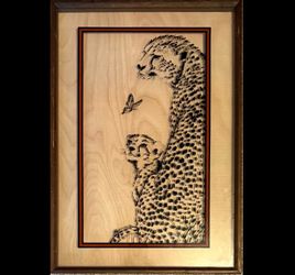 Vintage Reverse Glass Print & Wood Grain of Cheetah & Butterfly