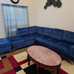 Brand New Blue Velvet Sectional With Ottoman 