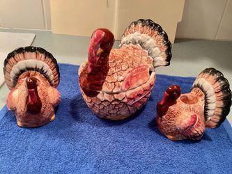4 Pcs.  Ceramic Thanksgiving Turkey Lidded Gravy Boat & 2 Candle Holders Fall Season Holiday Table Decor