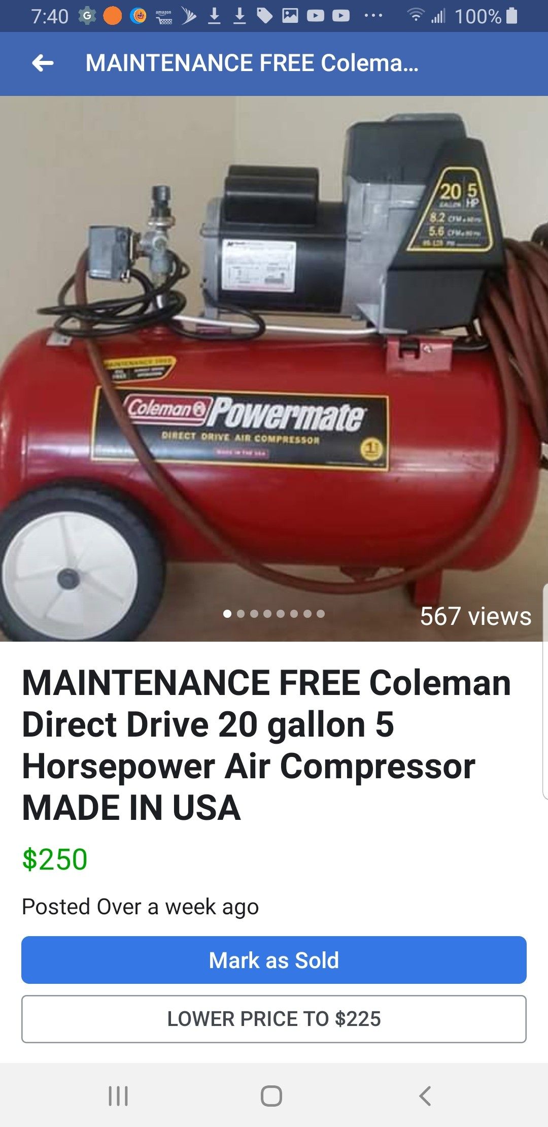 Coleman Maintenance Free Air Compressor, Direct Drive, 20 Gallon 5 Horsepower, Made in USA
