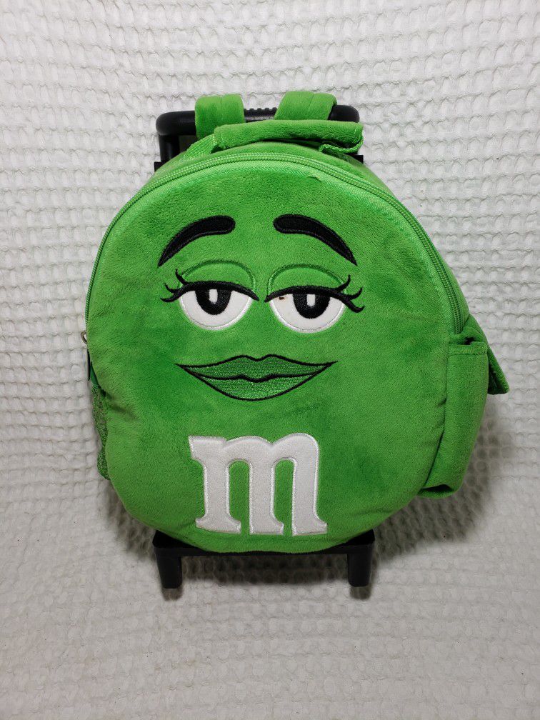 M & M back pack good condition.  Measures 12" T X 11" W . Back pack has 2 wheels and extending handle that Measures 20" . Back pack has 2 side pockets