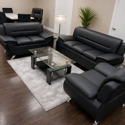 Black Faux Leather Sofa Set – 3 Piece