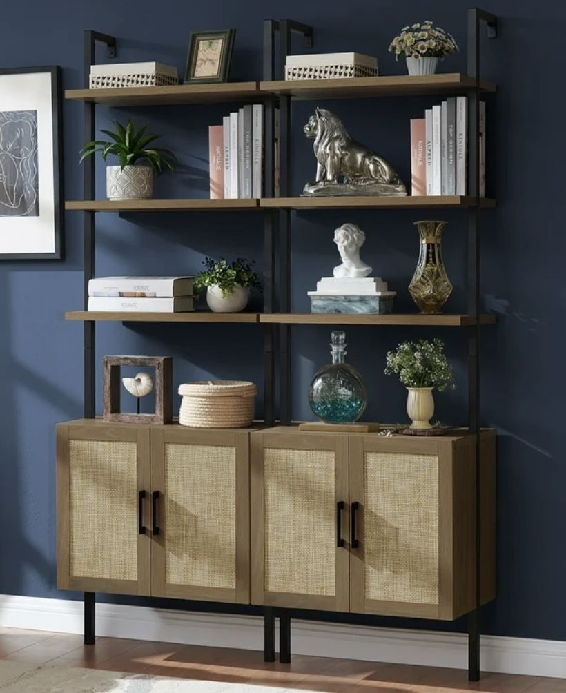 5-Shelf Ladder Bookshelf with Rattan Cabinet, Wall Mounted Bookcase
