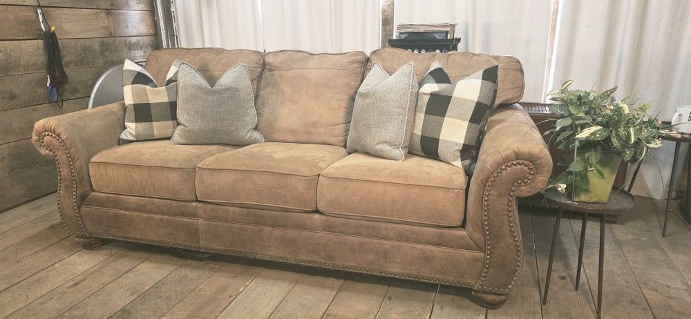 Tan Microfiber Nailhead Rolled-Arm Sofa – Clean, Comfy 3-Seater