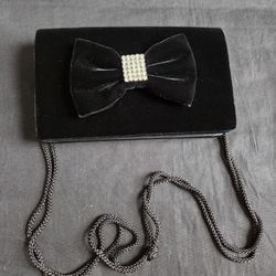 Vtg Carolyne Barton Velvet & Rhinestone Evening Purse Black 9"X5.5" Bow Design