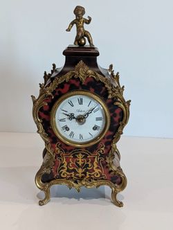 Vintage Artem French Style Mantel Clock Tortoiseshell Cherub Wind Up Key