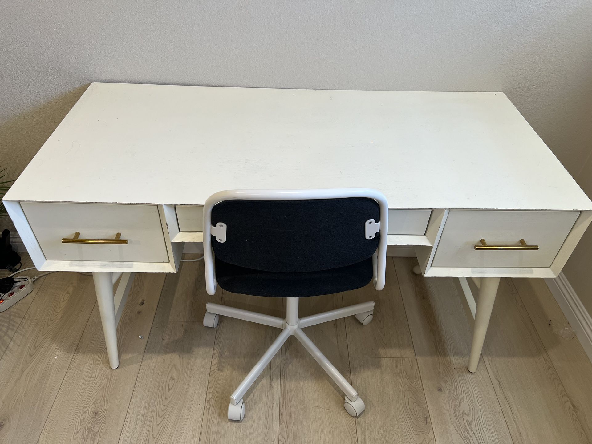 Real Wood White Desk with gold knob + chair