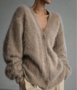 Women's Beige brown Fuzzy Acrylic Knit Button-Front V-Neck Relaxed Cardigan Sweater