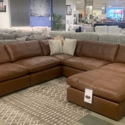 Emilia Caramel Leather Brown 5-piece Sectional With Ottoman/ Seccional,couch/sofa/Delivery Available,  Financing Options 