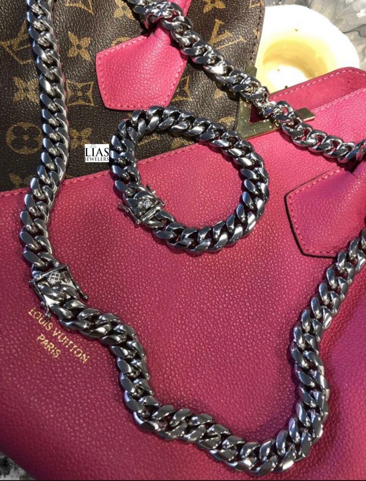 New 18k White Gold Cuban Link Chain And Bracelet Set 