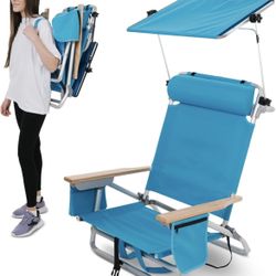 Adjustable Aluminum Folding Backpack Beach Chair with Headrest and Collapsible Sun Shade-Towel Bar-Storage-Cooler Pouch-Blue