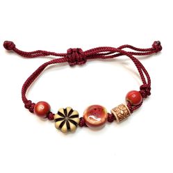 Red Macrame bracelet beaded maroon ceramic beads boho