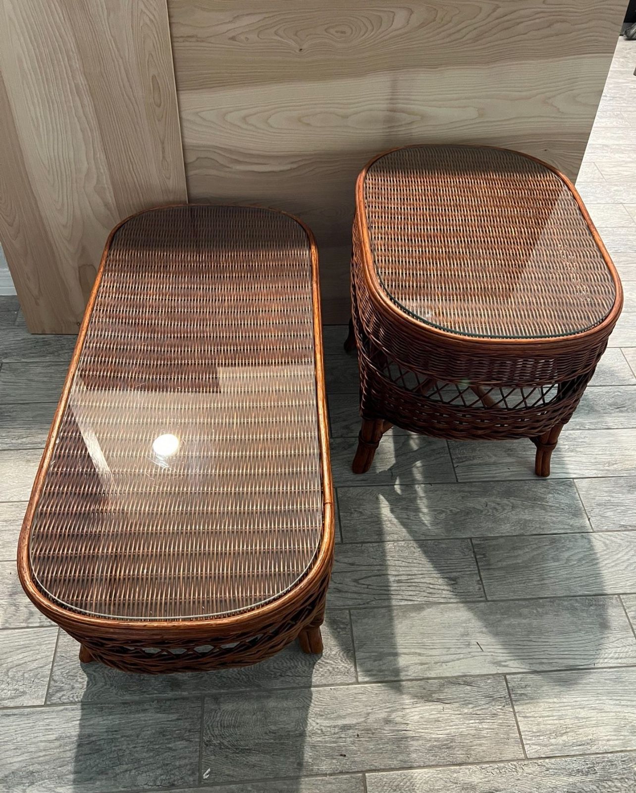 Vintage Wicker Table (set 2) With Glass Tops