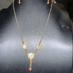 Costume Jewelry -  Orange/Yellow Necklace & Matching Earrings - Medium Length