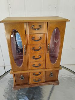 Vintage Solid Wood Jewelry Box Organizer Armoire Chest 
All Mirrors Drawers and Compartments in great condition