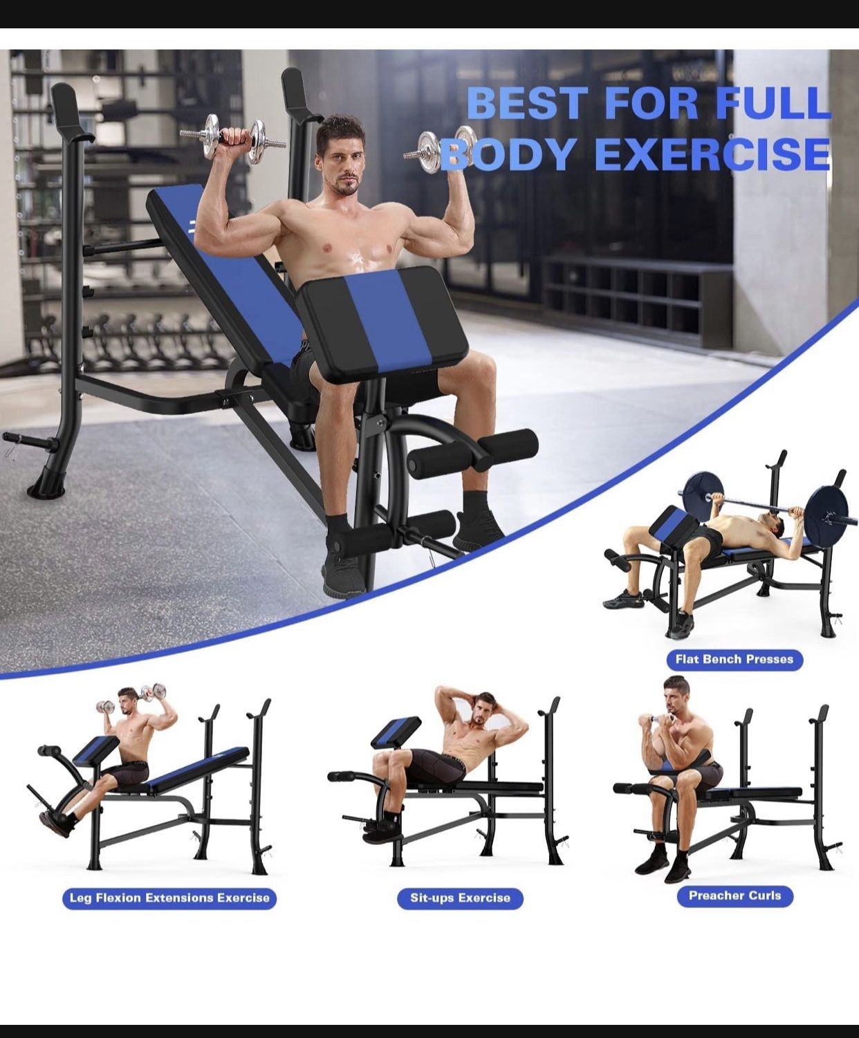 Olympic Weight Bench with Rack , Bench Press Rack with Leg Extension, Preacher Curl, and Weight Storage for Home Gym Weight Lifting and Strength Train