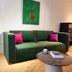 Green Velvet Sofa with Pink Piping