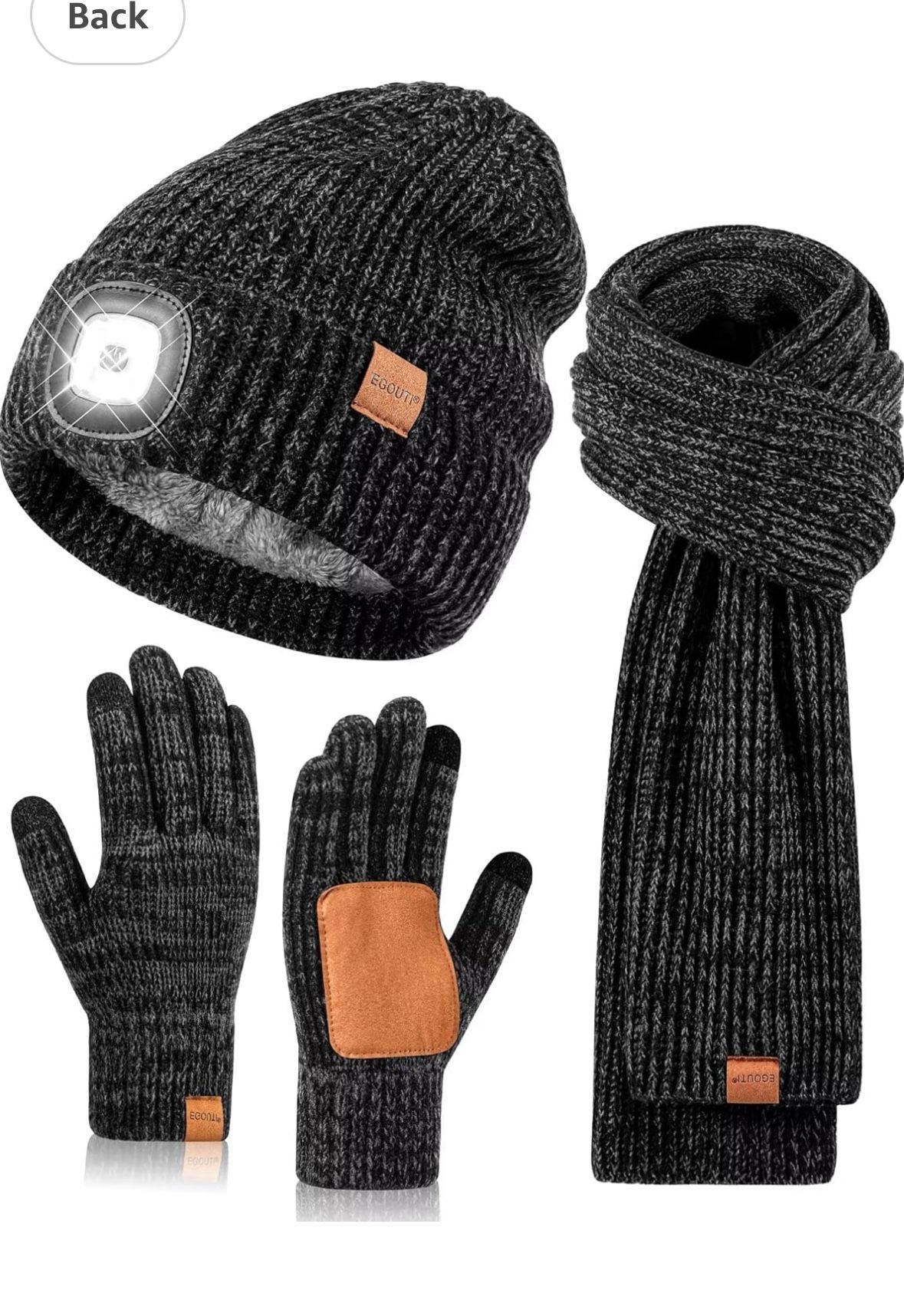 LED Beanie Gloves Scarf Set, Winter Hat with Light Built in Headlamp Caps Long Scarf Touchscreen Gloves, 3 in 1 Warm Gift Set