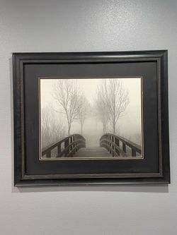 Framed Foggy Bridge Landscape Photo Print