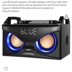 Loud Bluetooth Speaker-Portable w/Party Light, Rich Bass & Clarity Stereo Sound, Bluetooth 5.0, w/Phone Holder, Support USB/AUX/Microphone/Record