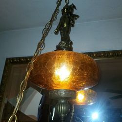 Vintage 1950s Crackle Brass Angle Amber Hanging Lamp