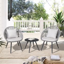COBANA 3 Piece Patio Bistro Set, Outdoor Woven Rope Conversation Balcony Furniture Set with Glass Top Table and Cushioned Chairs for Garden, Backyard