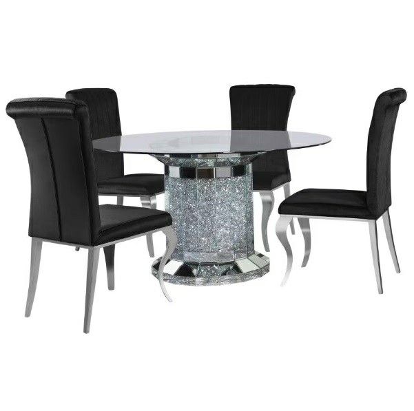 Ellie - 5 Piece Cylinder Pedestal Dining Room Set - Mirror And Black
