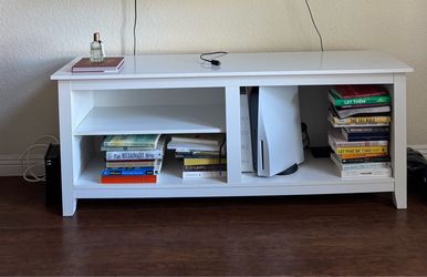White TV Stand, 4-Cubby Media Console