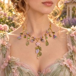 Handcrafted Pink & Green Floral Necklace with Gemstones, Crystals & Pearls