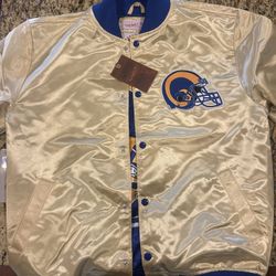 New Los Angeles LA Rams Mens Reversible NFL Mitchell & Ness Light Weight Satin Gold & Blue Medium Retro Throwback Button Up Jacket