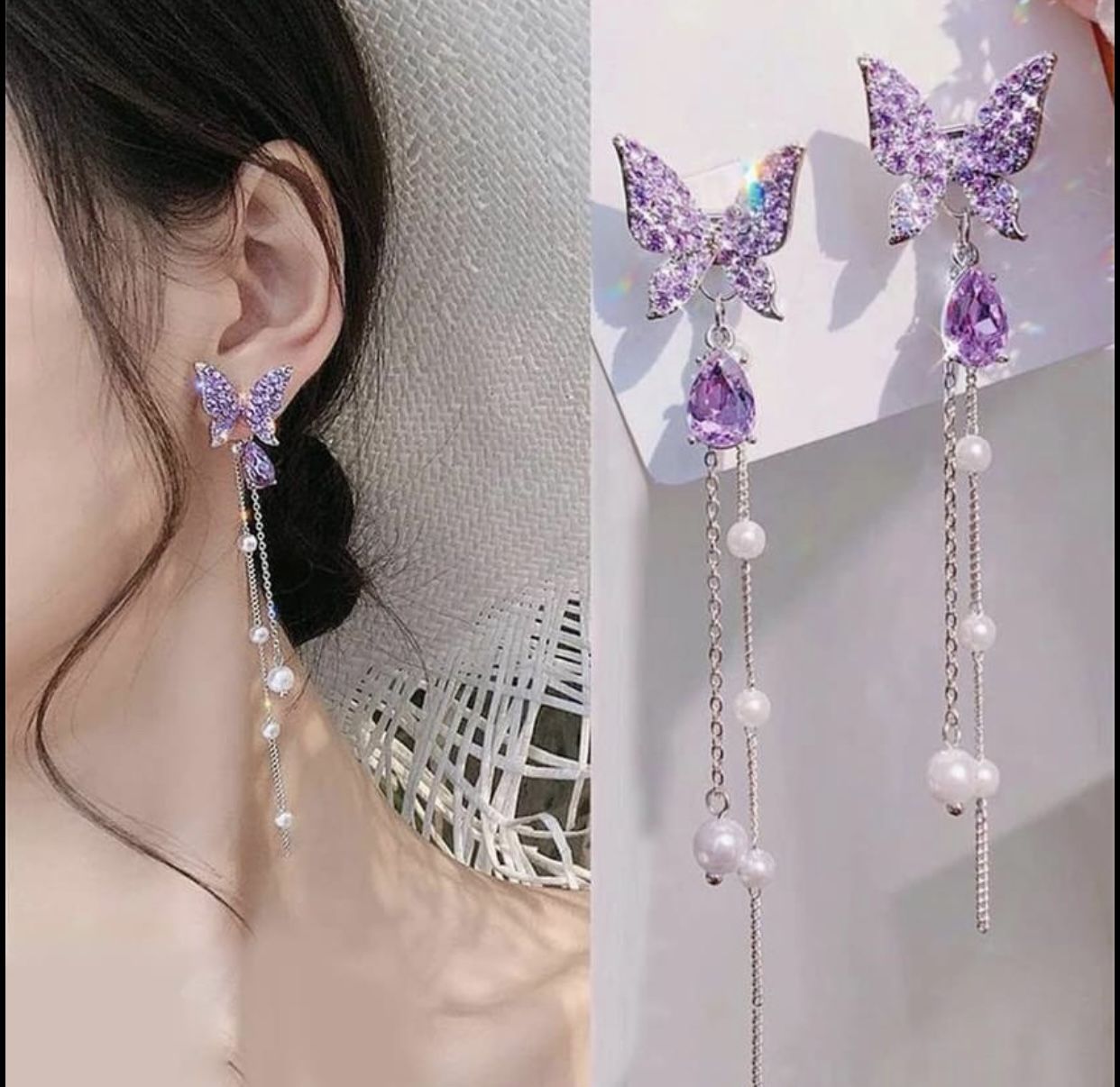 Long shiny purple butterfly earrings with rhinestones for women