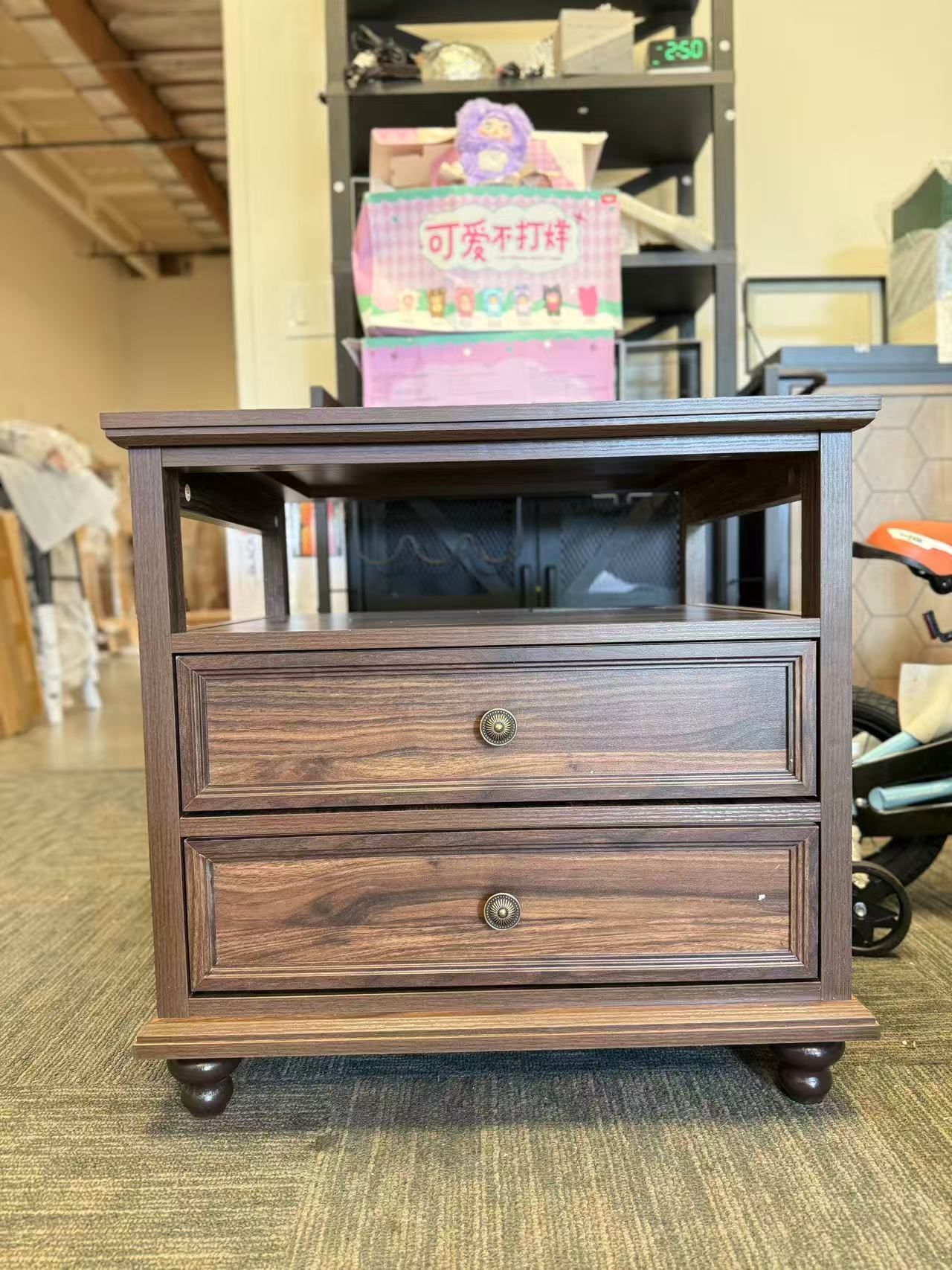 Farmhouse Nightstand with Charging Station, 24" Wide End Table with 2 Drawers,Brown Dresser for Bedr