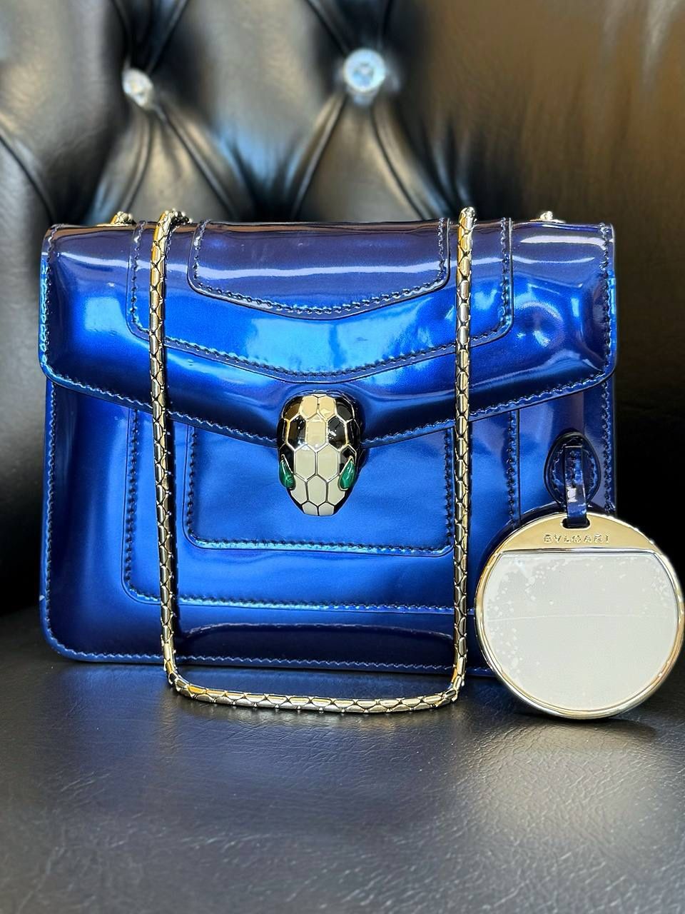 Bvlgari Serpenti Forever Square Crossbody Shoulder Bag Brushed Metallic calf Royal Sapphire Leather Receipt & Mirror
