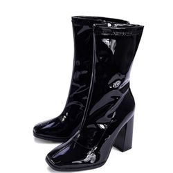 Women’s Shiny Leather High Heel Ankle Boots Chunky Heels Pointed Zipper Mid Calf