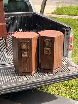 Vintage Hexagonal Wood Cabinet Speakers Pair