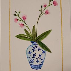 4"x6" Watercolor Painting of Orchid  in a Blue Vase